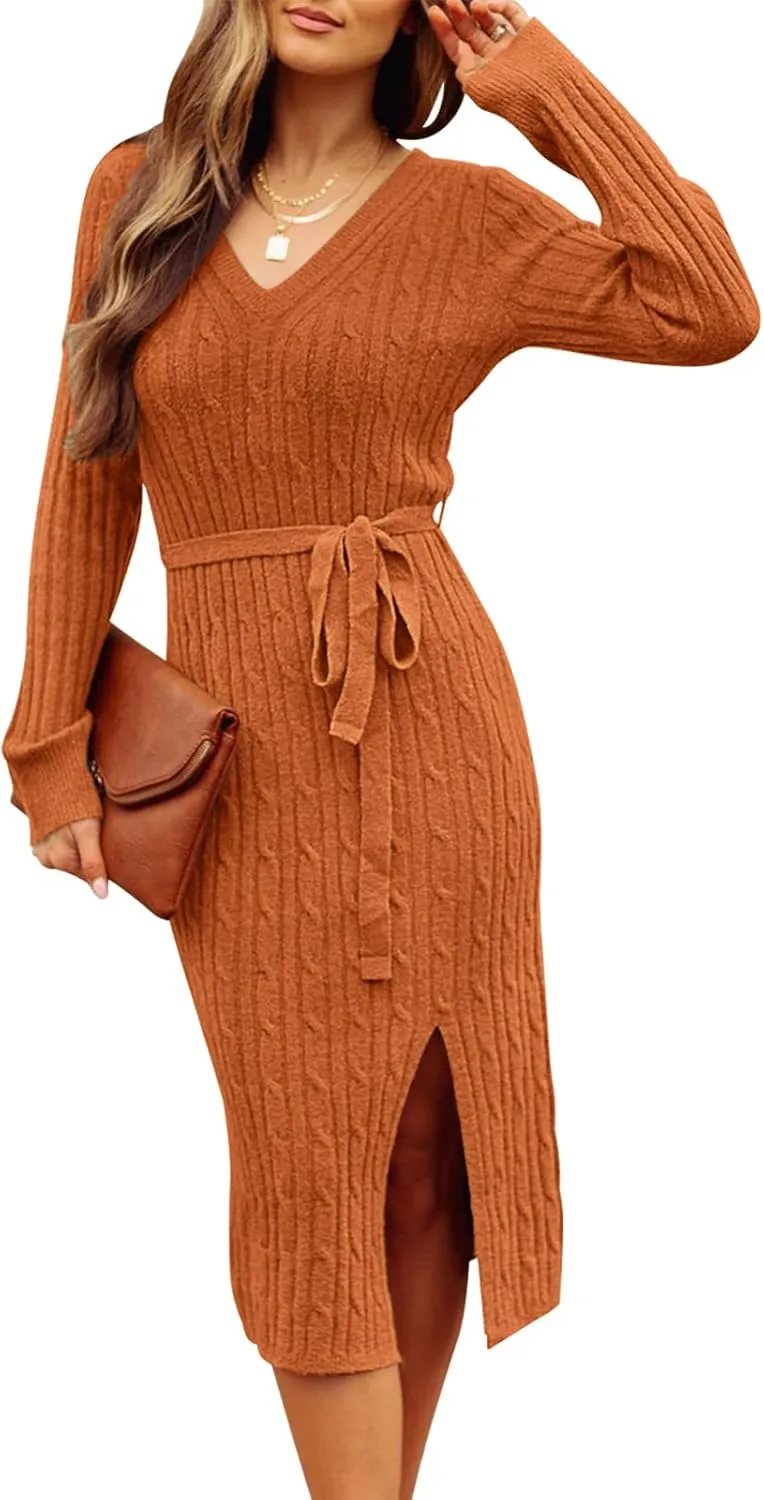 MEROKEETY Women's V Neck Cable Knit Sweater Dress Long Sleeve Bodycon Slit Pullover Midi Dress with Belt