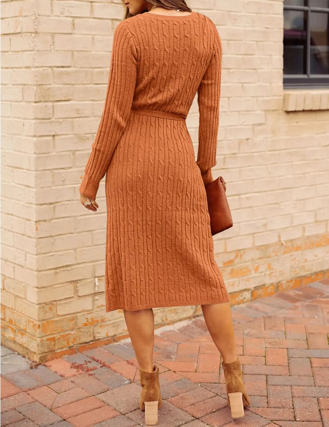 MEROKEETY Women's V Neck Cable Knit Sweater Dress Long Sleeve Bodycon Slit Pullover Midi Dress with Belt