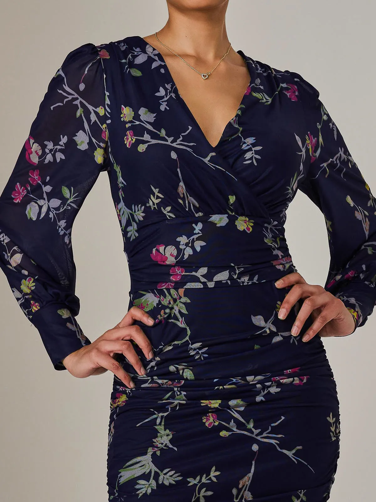 Mesh Long Sleeve Ruched Bodycon Dress, Navy Red Floral