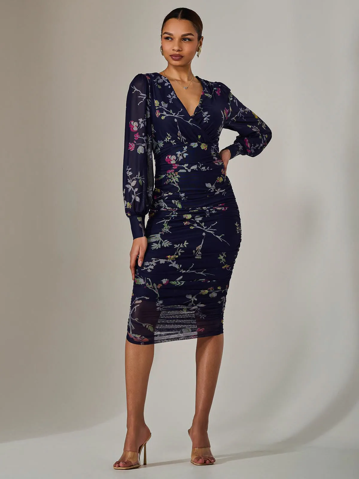 Mesh Long Sleeve Ruched Bodycon Dress, Navy Red Floral