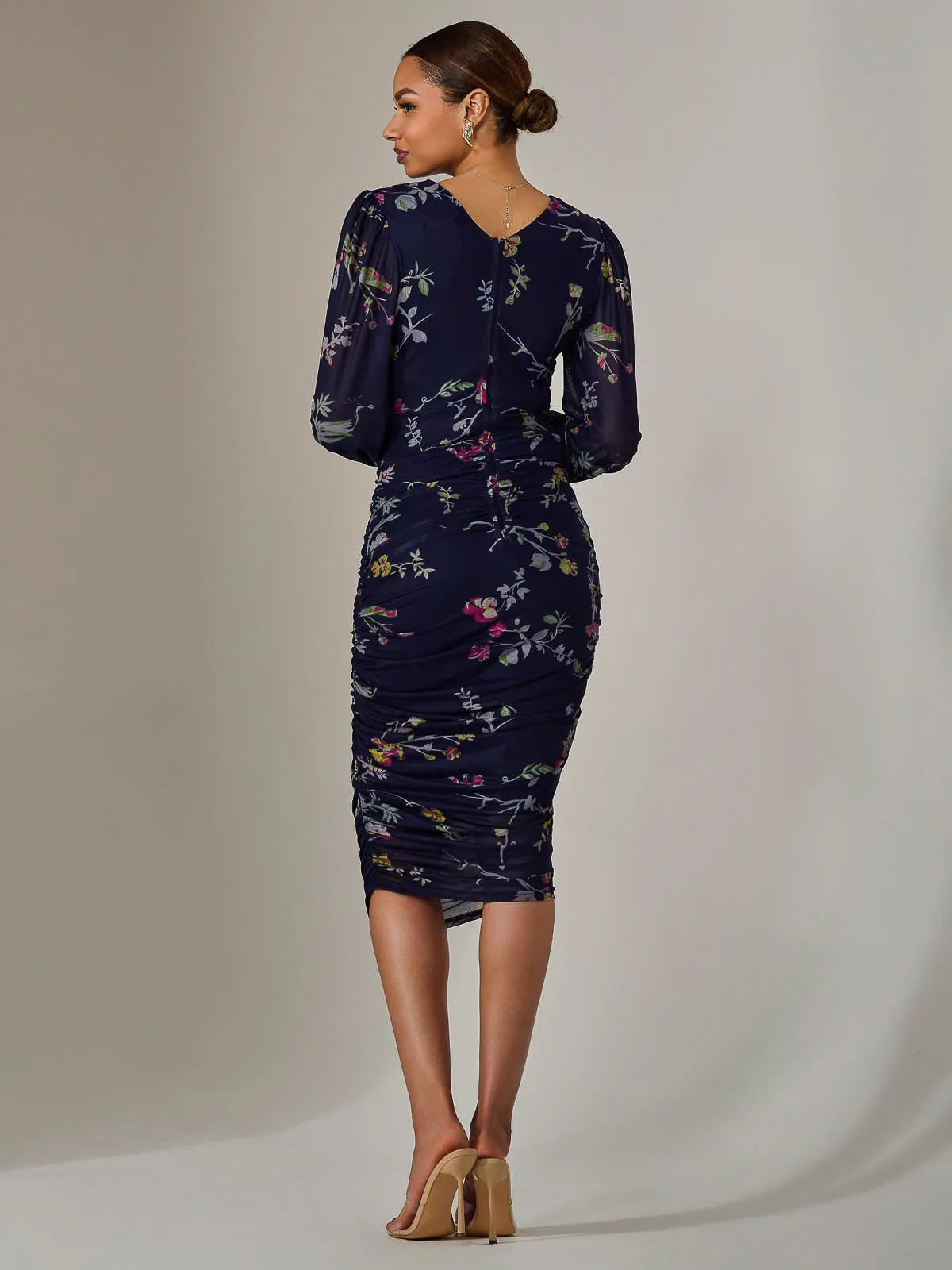 Mesh Long Sleeve Ruched Bodycon Dress, Navy Red Floral