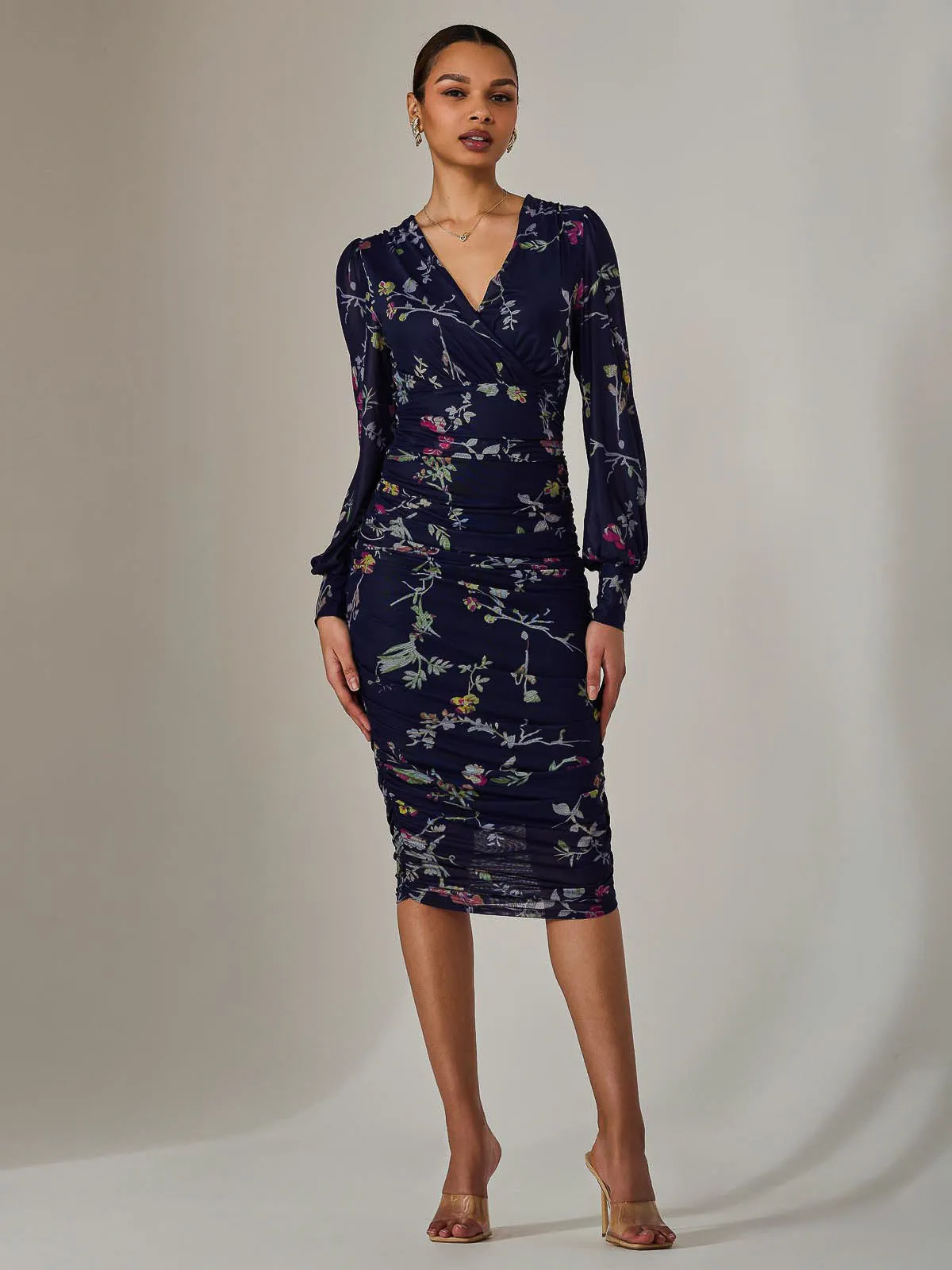 Mesh Long Sleeve Ruched Bodycon Dress, Navy Red Floral