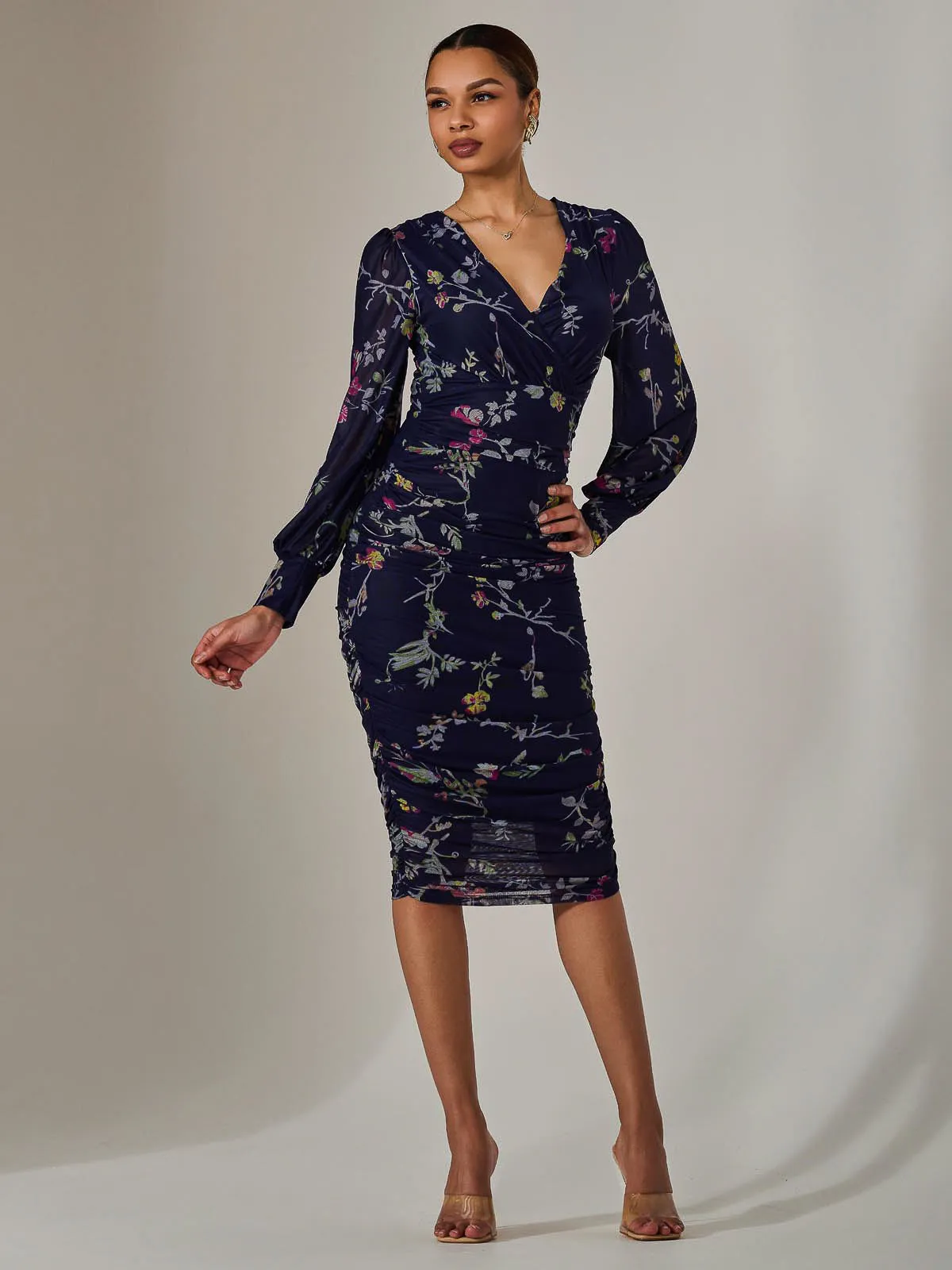 Mesh Long Sleeve Ruched Bodycon Dress, Navy Red Floral