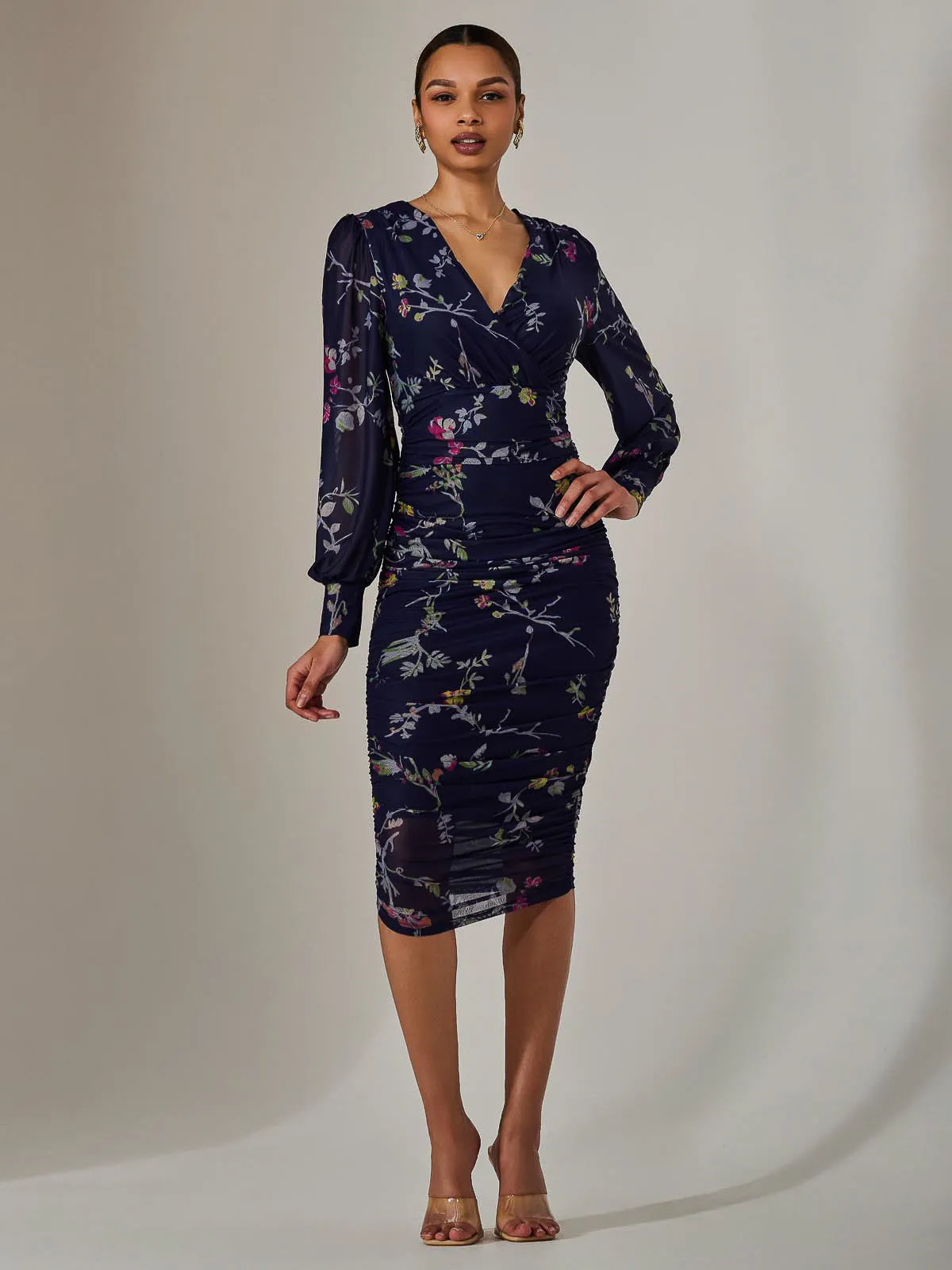 Mesh Long Sleeve Ruched Bodycon Dress, Navy Red Floral