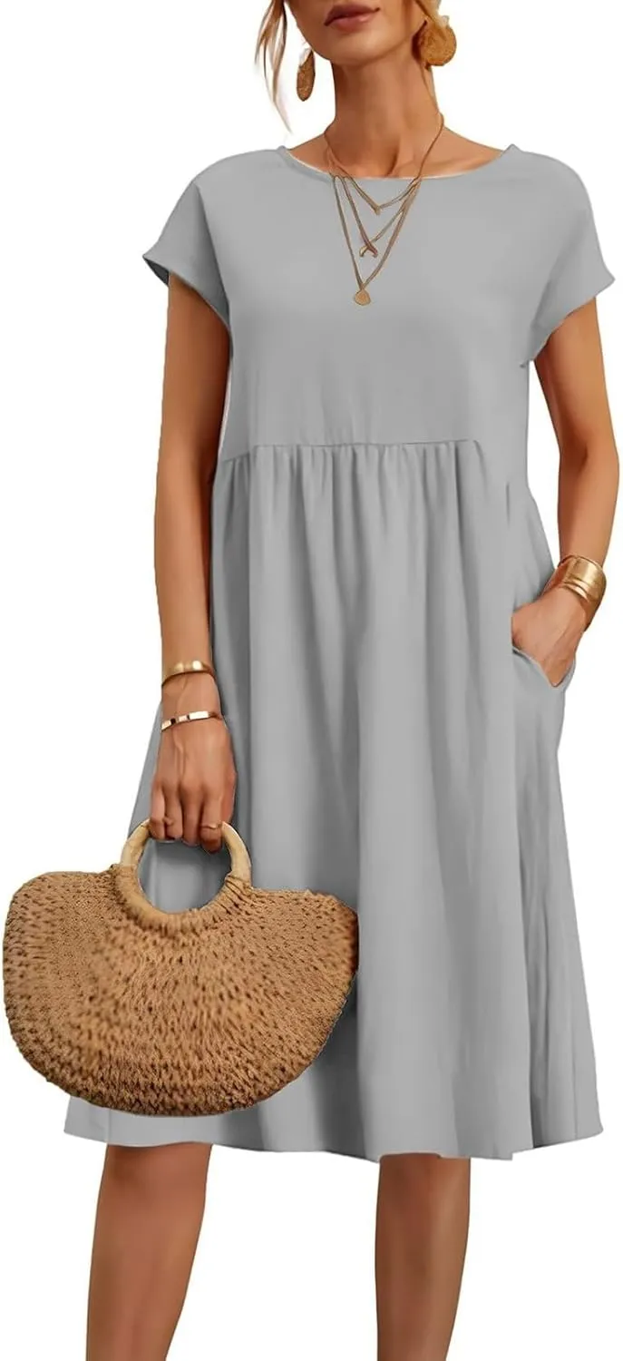 Miyaomn Women's Summer Midi Dresses Casual Cap Sleeve Crewneck A Line Swing Flowy Beach Sundress with Pockets T Shirts Dress