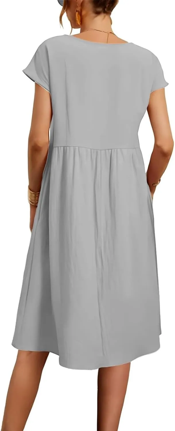 Miyaomn Women's Summer Midi Dresses Casual Cap Sleeve Crewneck A Line Swing Flowy Beach Sundress with Pockets T Shirts Dress