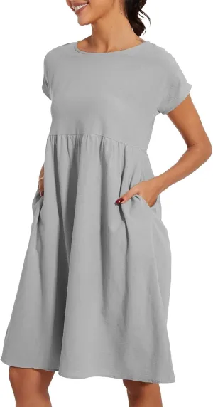 Miyaomn Women's Summer Midi Dresses Casual Cap Sleeve Crewneck A Line Swing Flowy Beach Sundress with Pockets T Shirts Dress