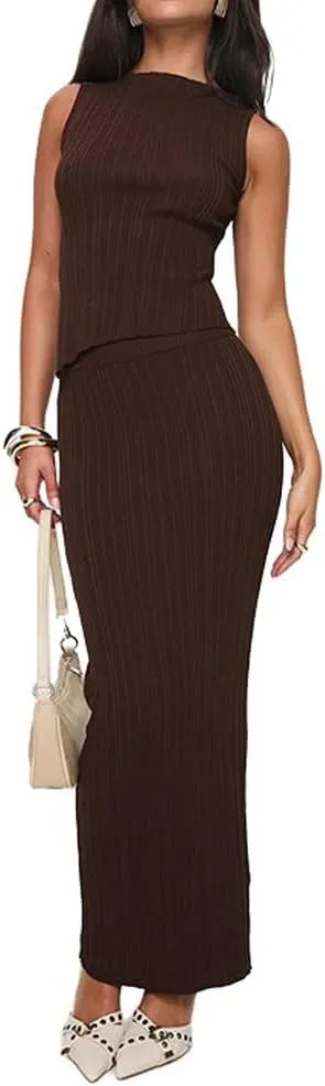 Molilove Women knit 2 Piece Outfits Sleeveless Crew Neck Tank Tops Bodycon High Waist Long Skirt Sets Club Outfits