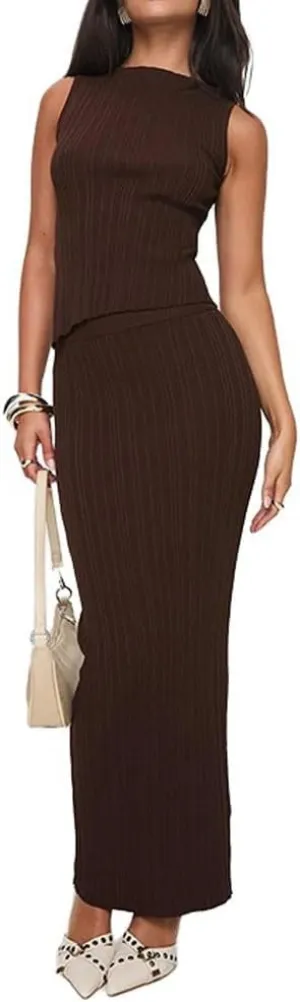 Molilove Women knit 2 Piece Outfits Sleeveless Crew Neck Tank Tops Bodycon High Waist Long Skirt Sets Club Outfits