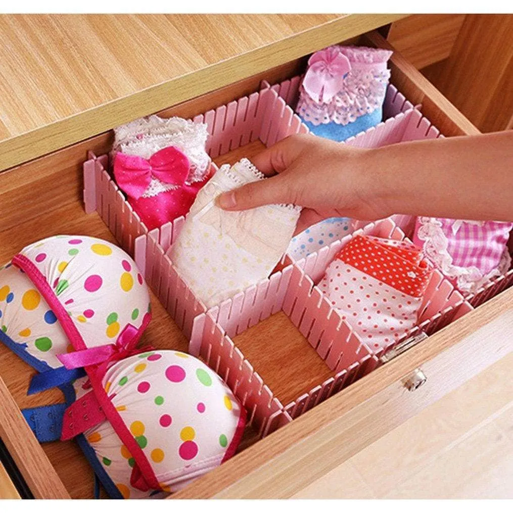 NewFerU Plastic Desk DIY Grid Drawer Dividers Adjustable Tidy Closet Shelf Storage Organizers for Purses,Ties,Tshirts,Pens,Bras,Sock,Underwear,Scarves,Makeup,Kitchen Cutlery Flatware (40pcs-Pink)