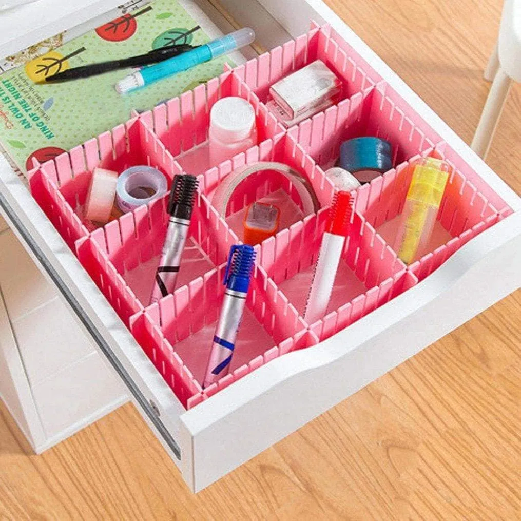 NewFerU Plastic Desk DIY Grid Drawer Dividers Adjustable Tidy Closet Shelf Storage Organizers for Purses,Ties,Tshirts,Pens,Bras,Sock,Underwear,Scarves,Makeup,Kitchen Cutlery Flatware (40pcs-Pink)