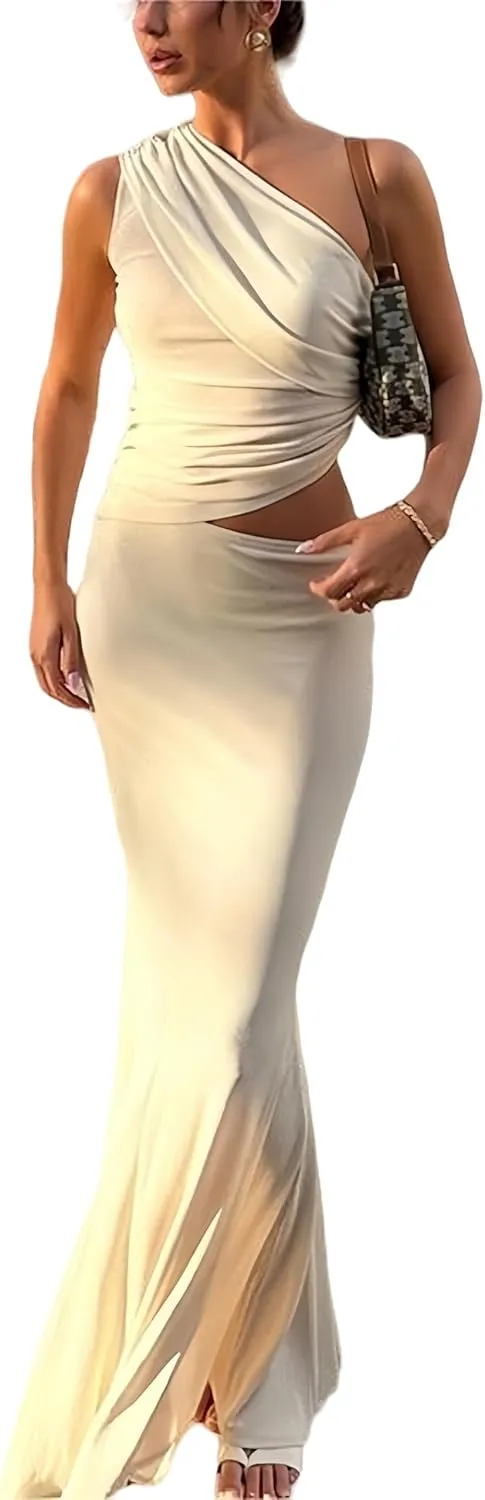 NIFTRIRY Womens 2 Piece Outfits Sets See Through One Shoulder Crop Top and Mesh Maxi Skirt Summer Outfits for Women