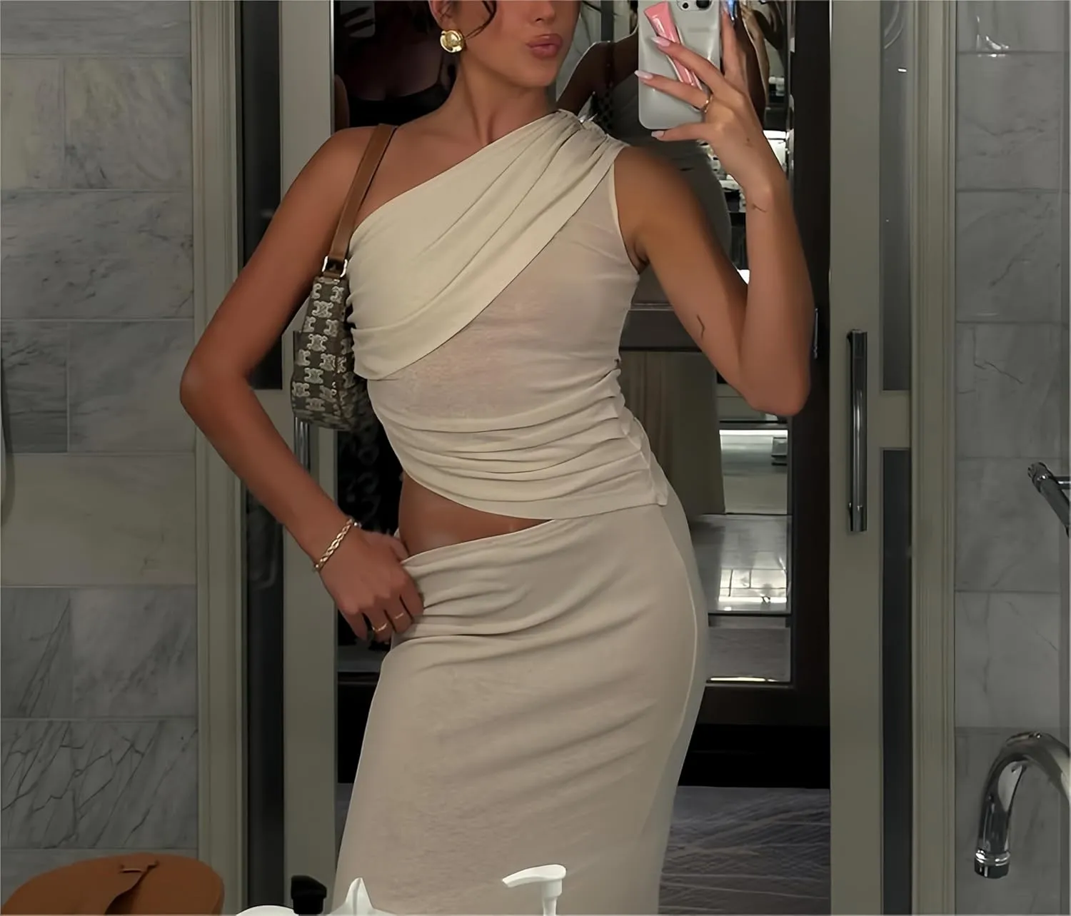 NIFTRIRY Womens 2 Piece Outfits Sets See Through One Shoulder Crop Top and Mesh Maxi Skirt Summer Outfits for Women