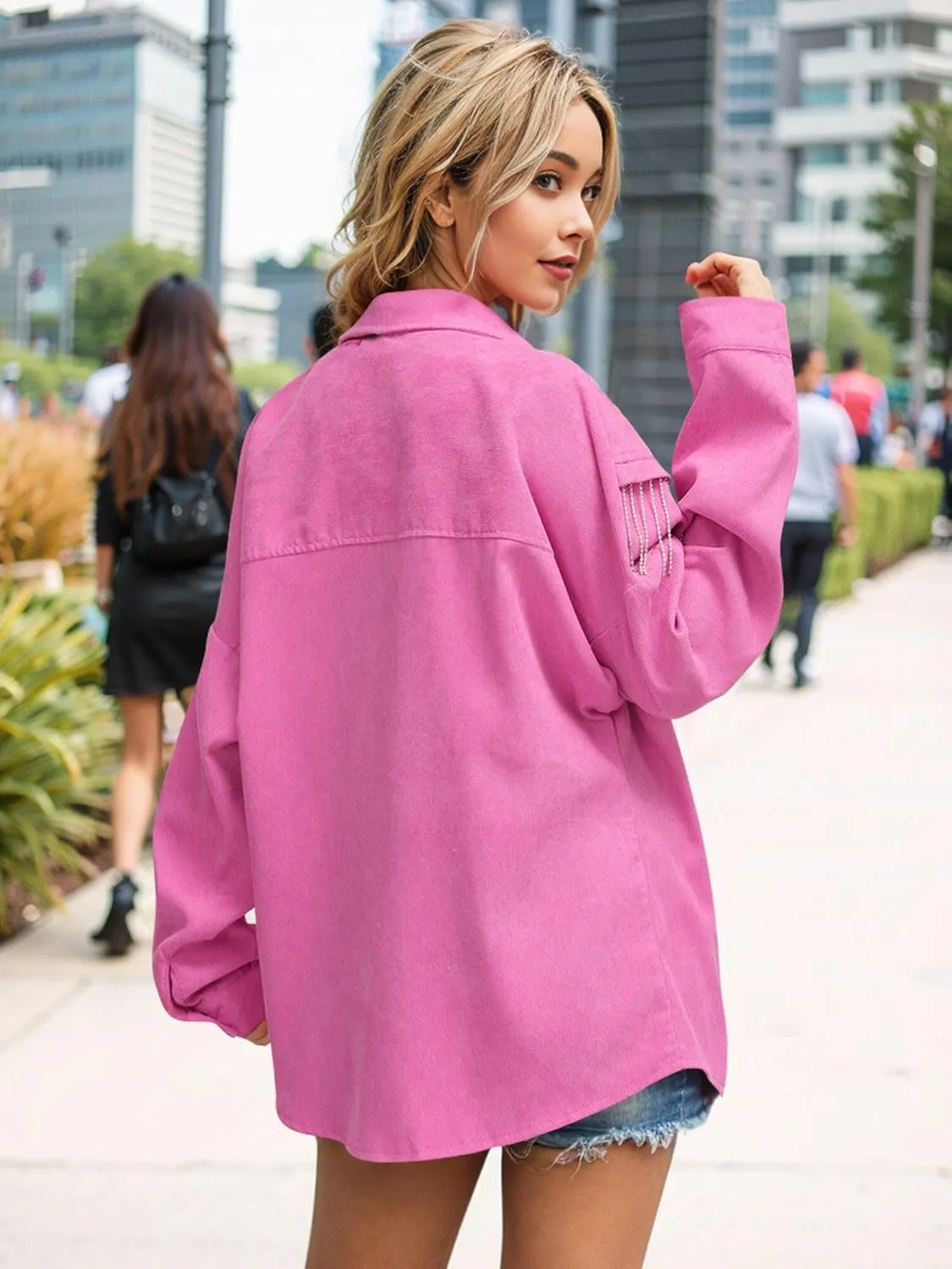 Nlife Womens Corduroy Nashville Sparkly Rhinestone Fringe Shacket Concert Outfits Long Sleeves Spakle Tassel Shirt Jacket