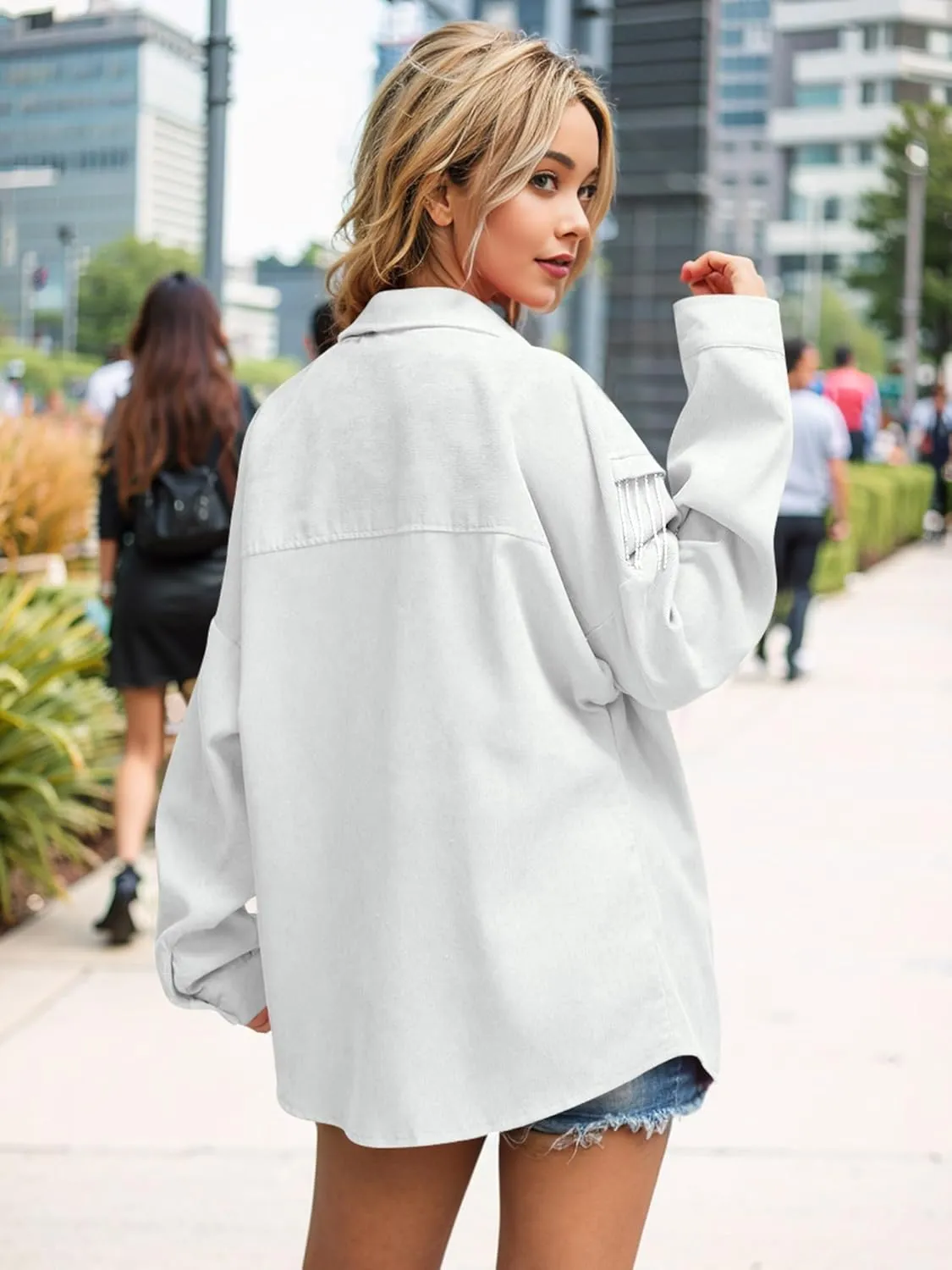 Nlife Womens Corduroy Nashville Sparkly Rhinestone Fringe Shacket Concert Outfits Long Sleeves Spakle Tassel Shirt Jacket