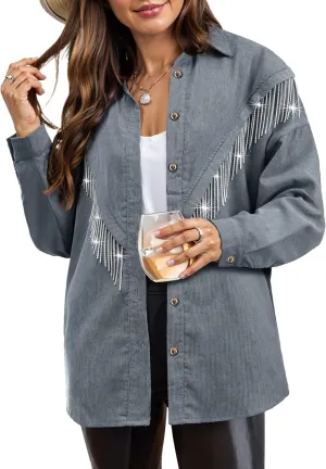 Nlife Womens Corduroy Nashville Sparkly Rhinestone Fringe Shacket Concert Outfits Long Sleeves Spakle Tassel Shirt Jacket