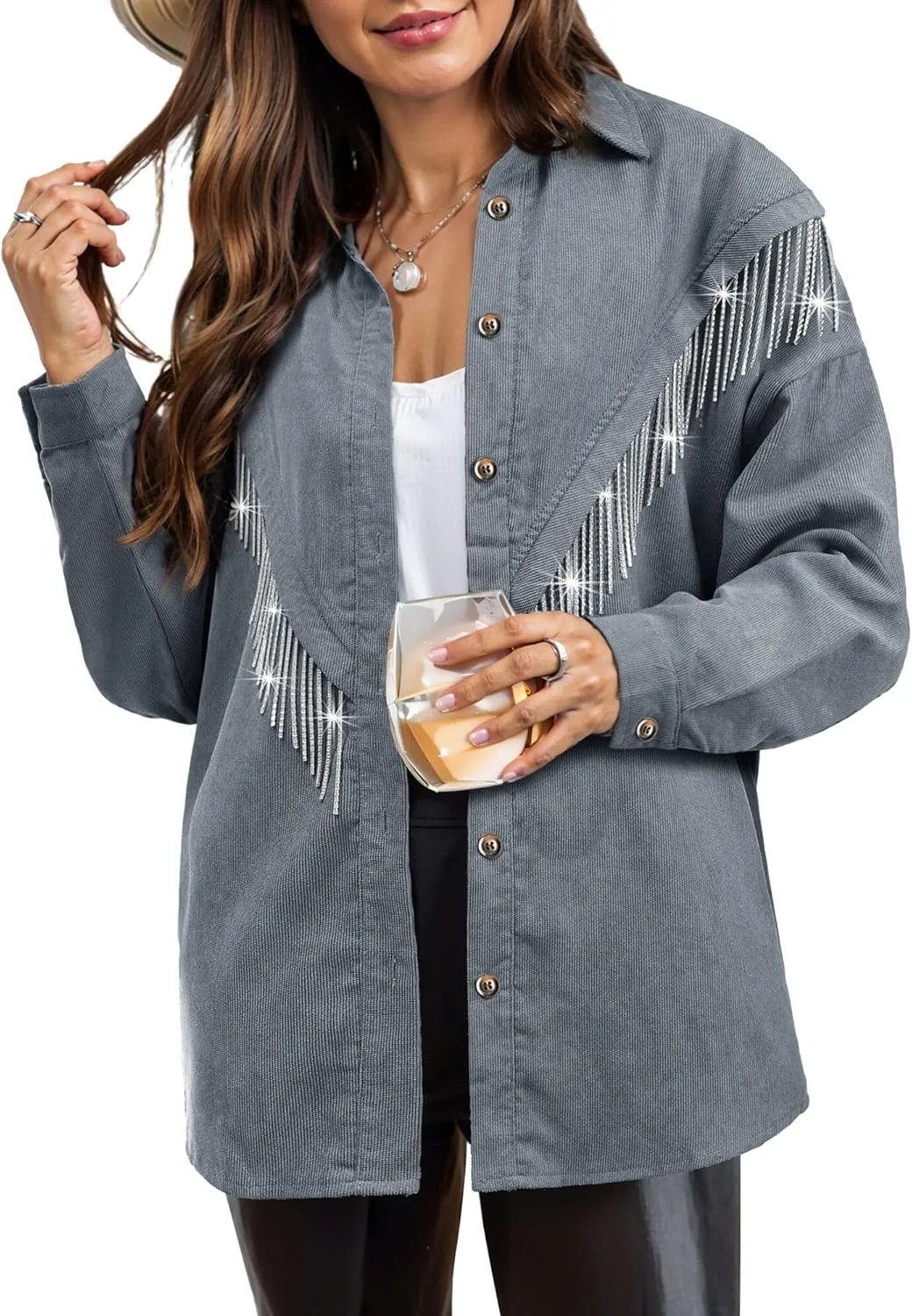 Nlife Womens Corduroy Nashville Sparkly Rhinestone Fringe Shacket Concert Outfits Long Sleeves Spakle Tassel Shirt Jacket