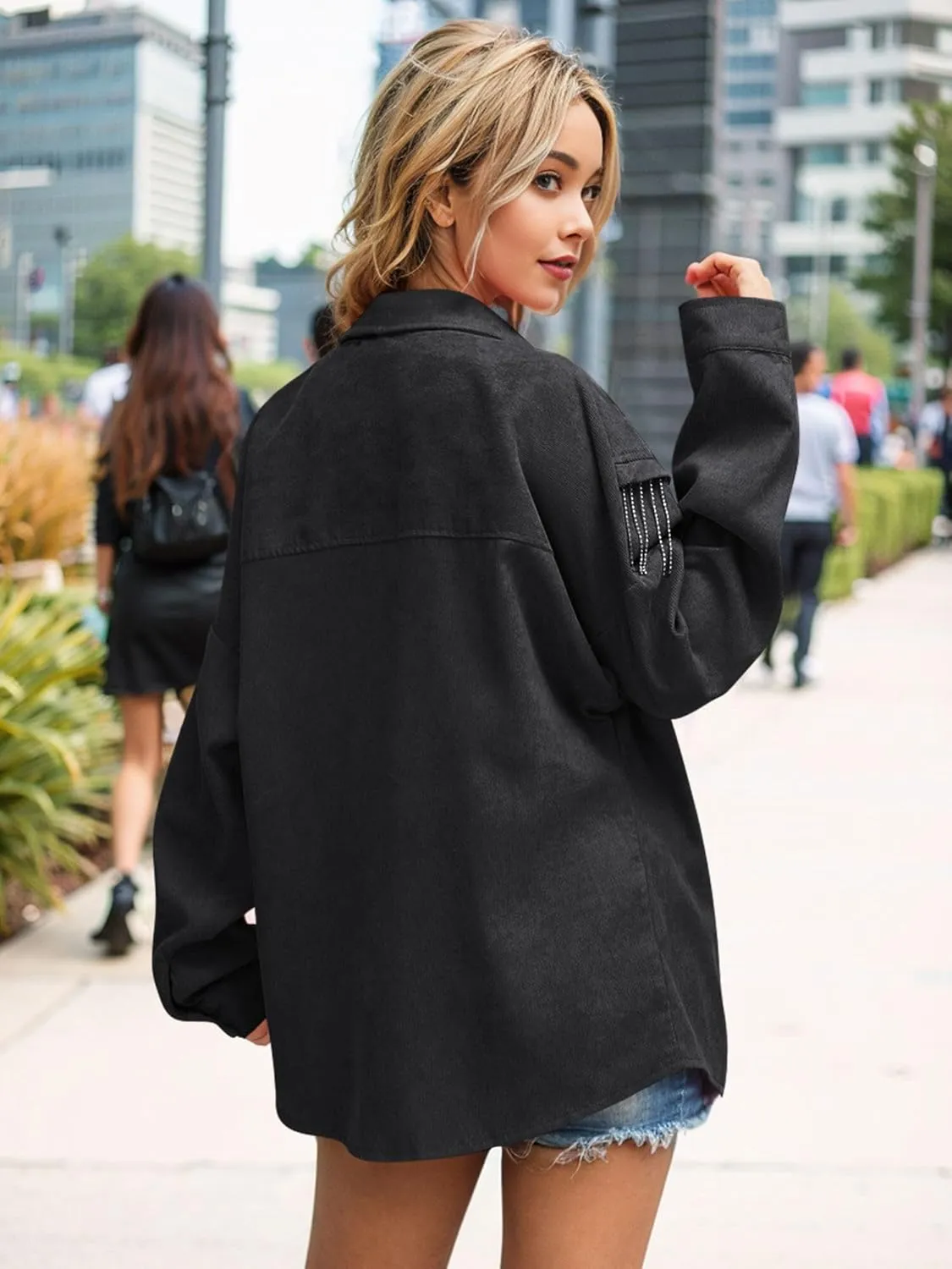 Nlife Womens Corduroy Nashville Sparkly Rhinestone Fringe Shacket Concert Outfits Long Sleeves Spakle Tassel Shirt Jacket
