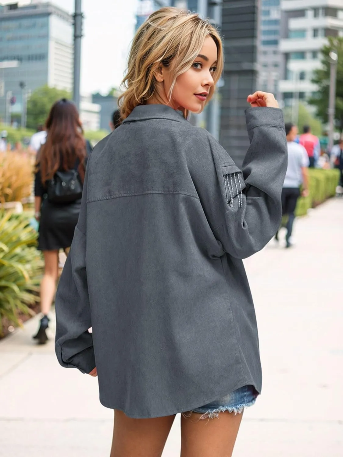 Nlife Womens Corduroy Nashville Sparkly Rhinestone Fringe Shacket Concert Outfits Long Sleeves Spakle Tassel Shirt Jacket
