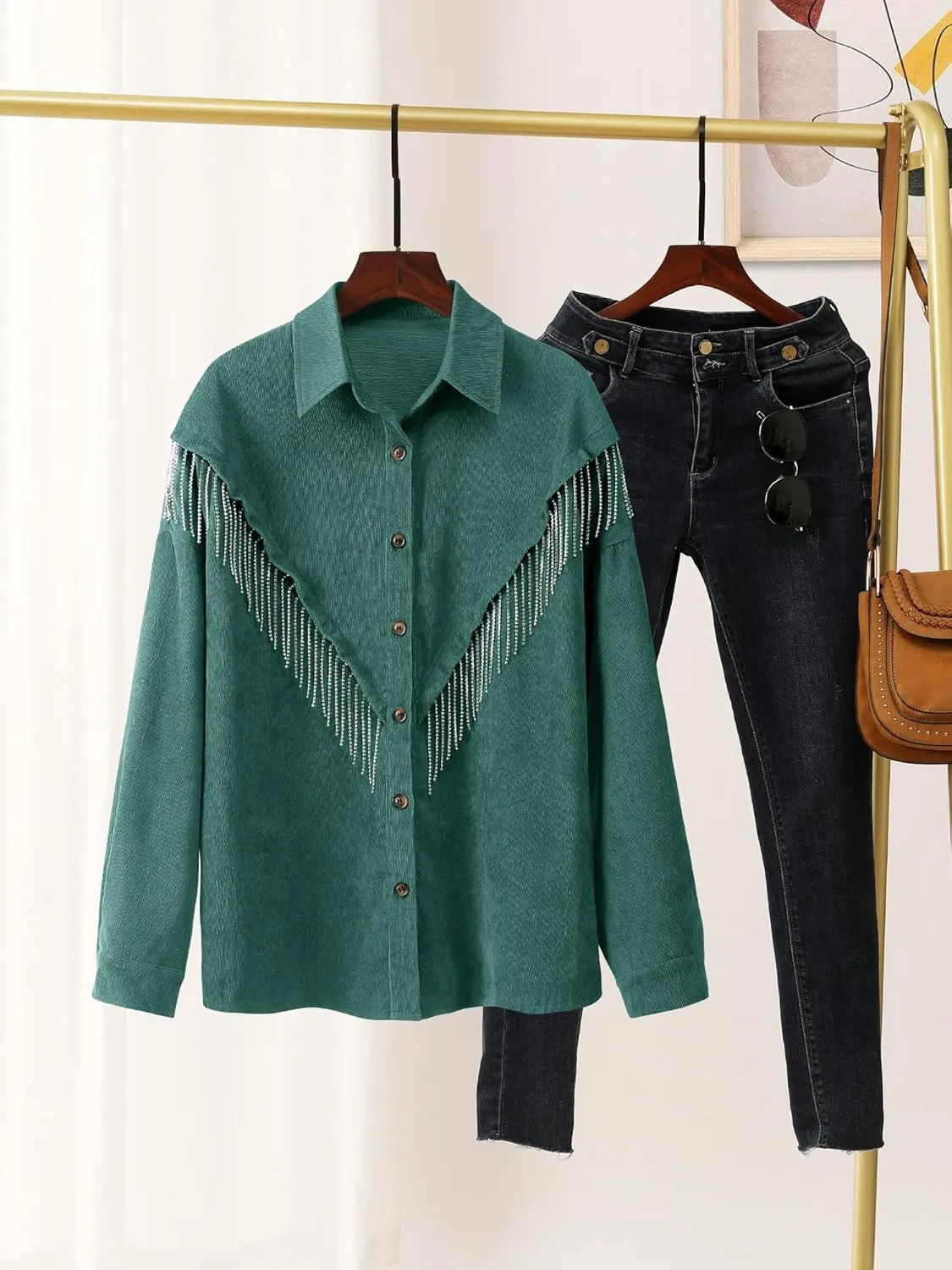 Nlife Womens Corduroy Nashville Sparkly Rhinestone Fringe Shacket Concert Outfits Long Sleeves Spakle Tassel Shirt Jacket