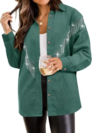 Nlife Womens Corduroy Nashville Sparkly Rhinestone Fringe Shacket Concert Outfits Long Sleeves Spakle Tassel Shirt Jacket