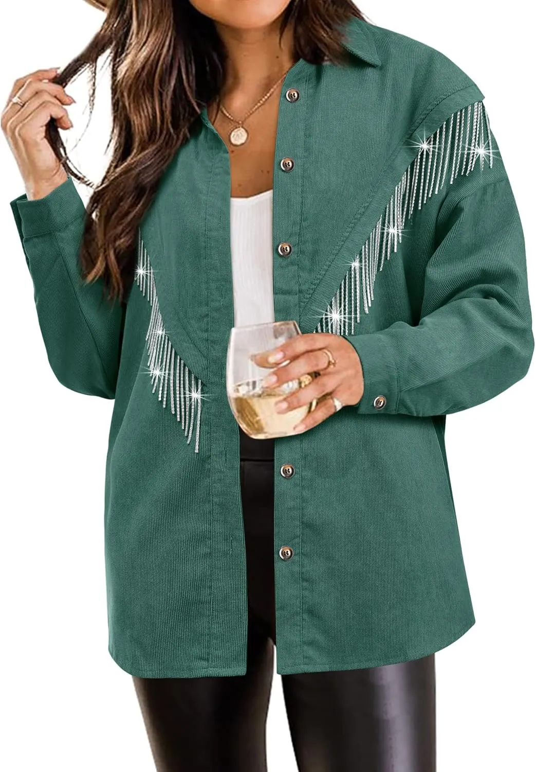 Nlife Womens Corduroy Nashville Sparkly Rhinestone Fringe Shacket Concert Outfits Long Sleeves Spakle Tassel Shirt Jacket