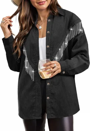 Nlife Womens Corduroy Nashville Sparkly Rhinestone Fringe Shacket Concert Outfits Long Sleeves Spakle Tassel Shirt Jacket