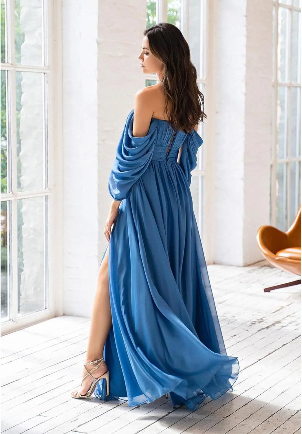 Off Shoulder Formal Dress Long Chiffon Bridesmaid Dresses with Slit Fall Wedding Guest Dresses for Women