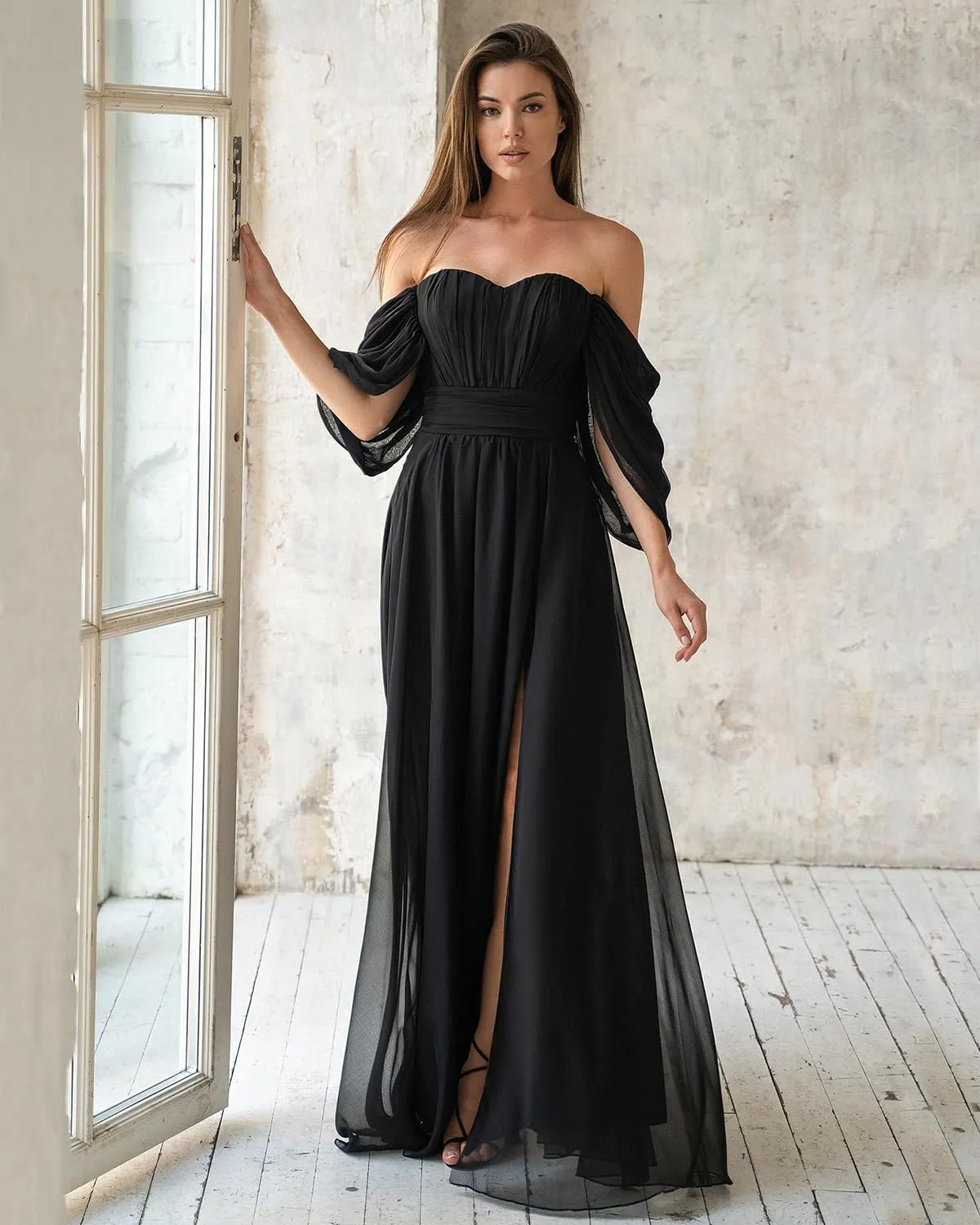Off Shoulder Formal Dress Long Chiffon Bridesmaid Dresses with Slit Fall Wedding Guest Dresses for Women