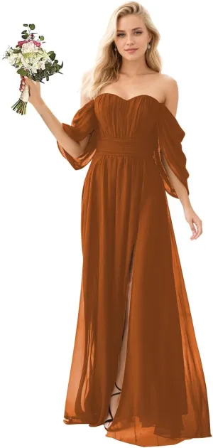 Off Shoulder Formal Dress Long Chiffon Bridesmaid Dresses with Slit Fall Wedding Guest Dresses for Women