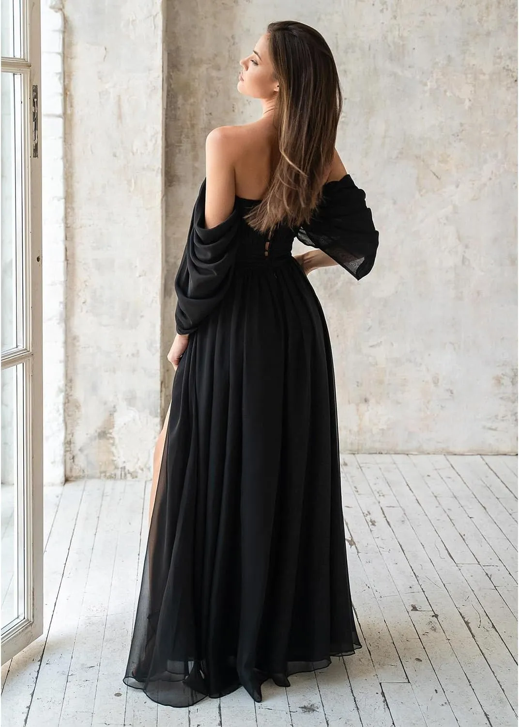 Off Shoulder Formal Dress Long Chiffon Bridesmaid Dresses with Slit Fall Wedding Guest Dresses for Women