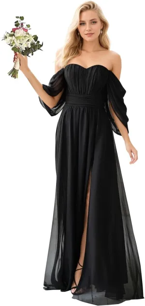 Off Shoulder Formal Dress Long Chiffon Bridesmaid Dresses with Slit Fall Wedding Guest Dresses for Women