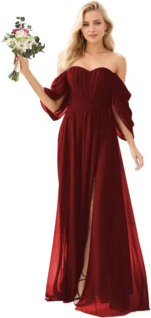 Off Shoulder Formal Dress Long Chiffon Bridesmaid Dresses with Slit Fall Wedding Guest Dresses for Women