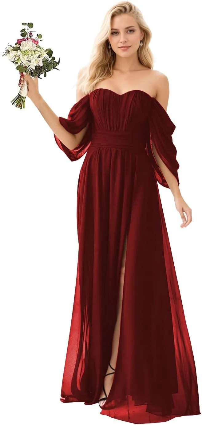 Off Shoulder Formal Dress Long Chiffon Bridesmaid Dresses with Slit Fall Wedding Guest Dresses for Women