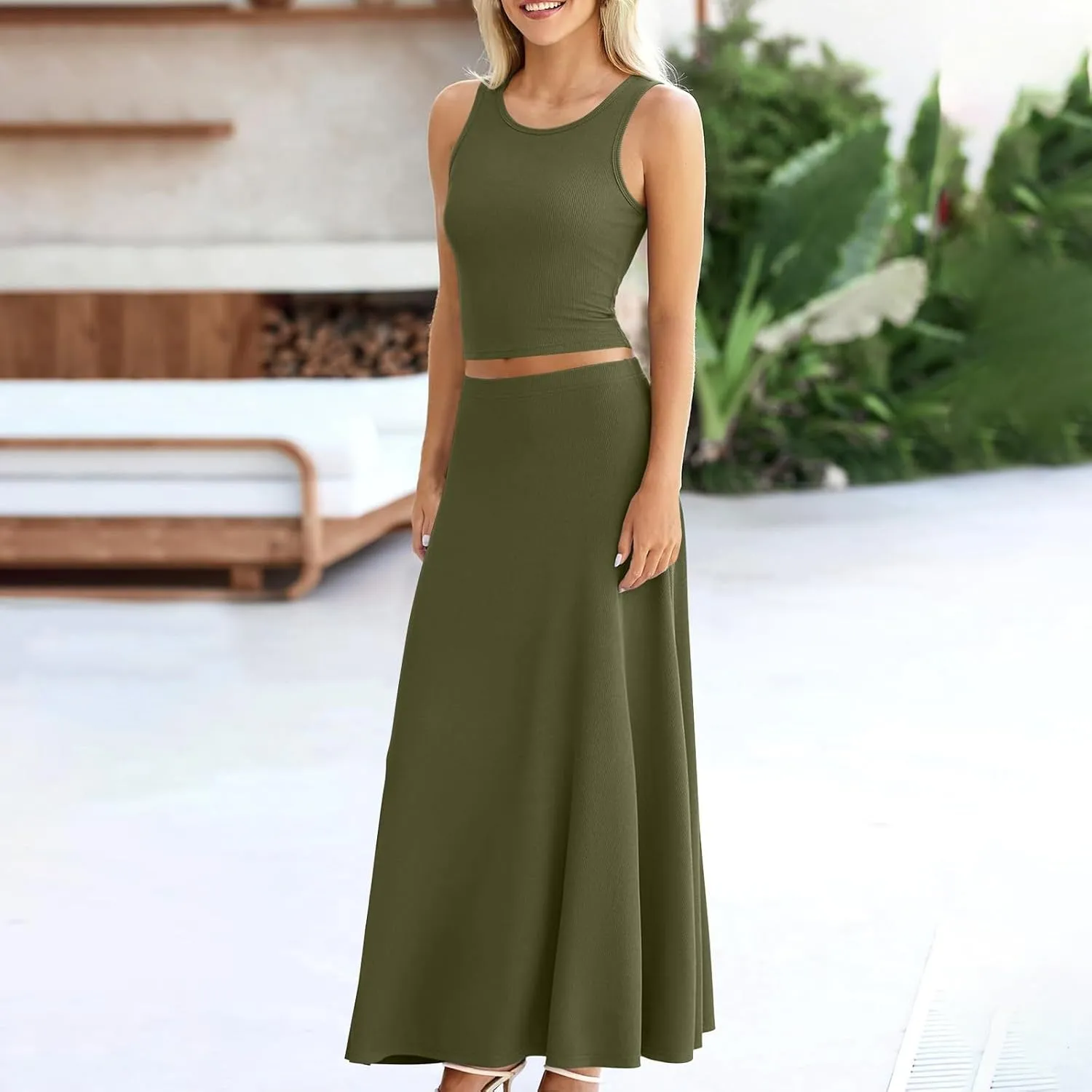 Oplxuo Women 2 Piece Outfits Summer Ribbed Sleeveless Tank Tops High Waist Maxi Skirt Set Solid Color Beach Vacation Outfits