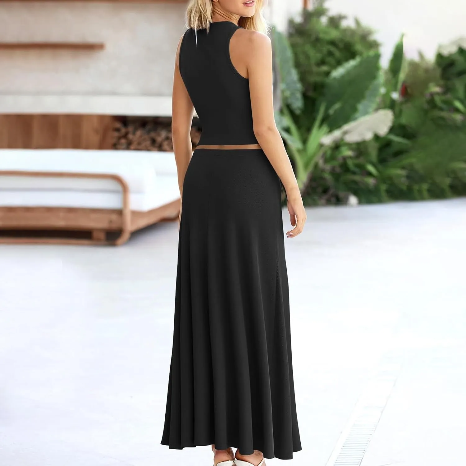 Oplxuo Women 2 Piece Outfits Summer Ribbed Sleeveless Tank Tops High Waist Maxi Skirt Set Solid Color Beach Vacation Outfits