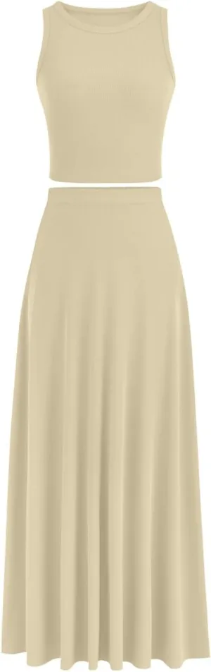Oplxuo Women 2 Piece Outfits Summer Ribbed Sleeveless Tank Tops High Waist Maxi Skirt Set Solid Color Beach Vacation Outfits