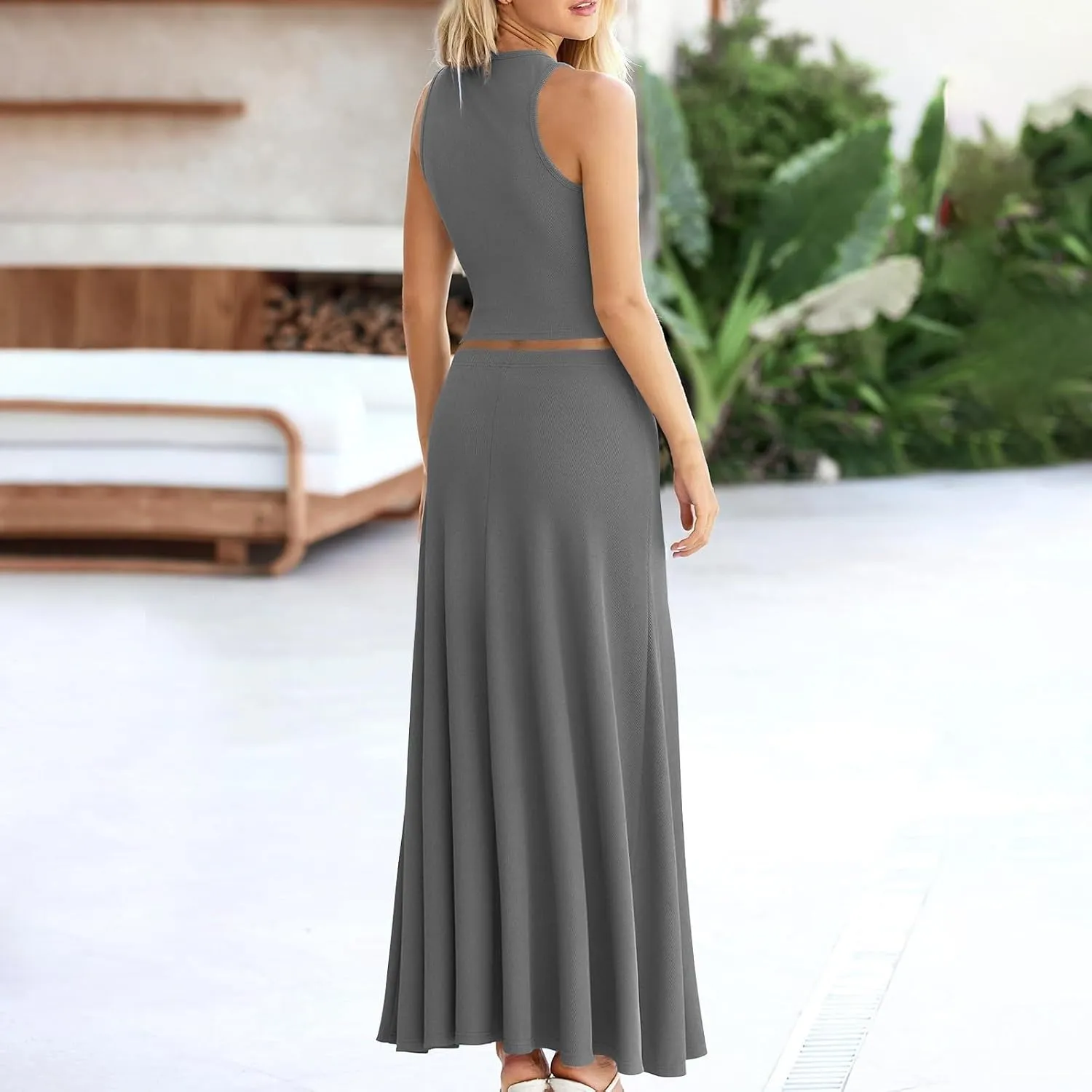 Oplxuo Women 2 Piece Outfits Summer Ribbed Sleeveless Tank Tops High Waist Maxi Skirt Set Solid Color Beach Vacation Outfits