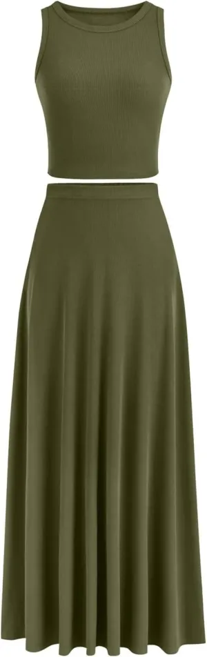 Oplxuo Women 2 Piece Outfits Summer Ribbed Sleeveless Tank Tops High Waist Maxi Skirt Set Solid Color Beach Vacation Outfits