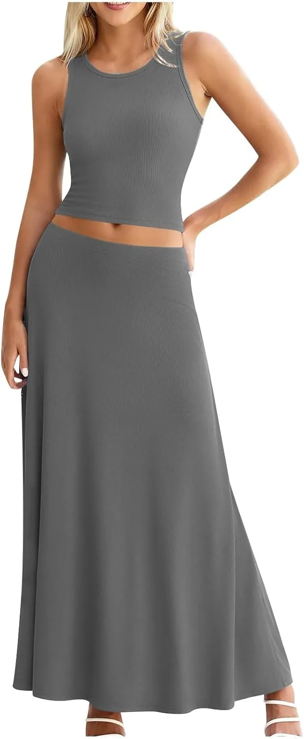 Oplxuo Women 2 Piece Outfits Summer Ribbed Sleeveless Tank Tops High Waist Maxi Skirt Set Solid Color Beach Vacation Outfits