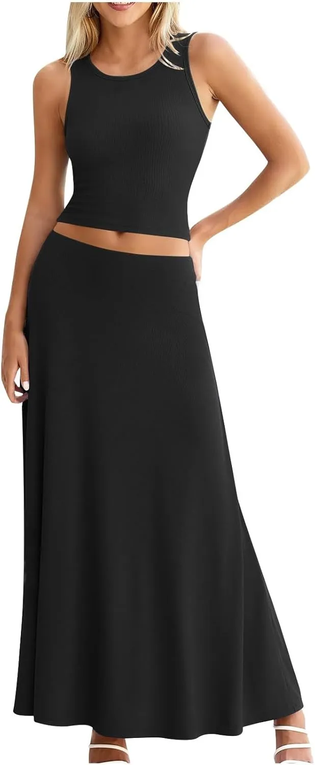 Oplxuo Women 2 Piece Outfits Summer Ribbed Sleeveless Tank Tops High Waist Maxi Skirt Set Solid Color Beach Vacation Outfits