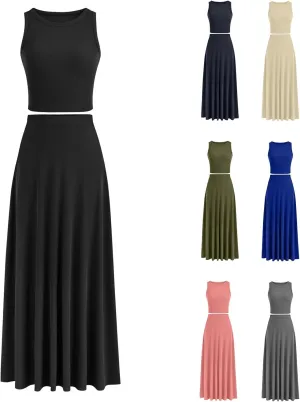 Oplxuo Women 2 Piece Outfits Summer Ribbed Sleeveless Tank Tops High Waist Maxi Skirt Set Solid Color Beach Vacation Outfits