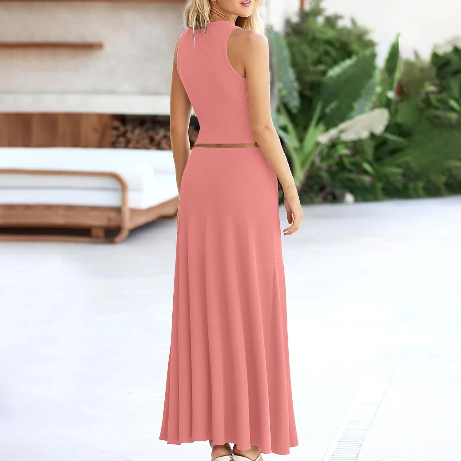 Oplxuo Women 2 Piece Outfits Summer Ribbed Sleeveless Tank Tops High Waist Maxi Skirt Set Solid Color Beach Vacation Outfits