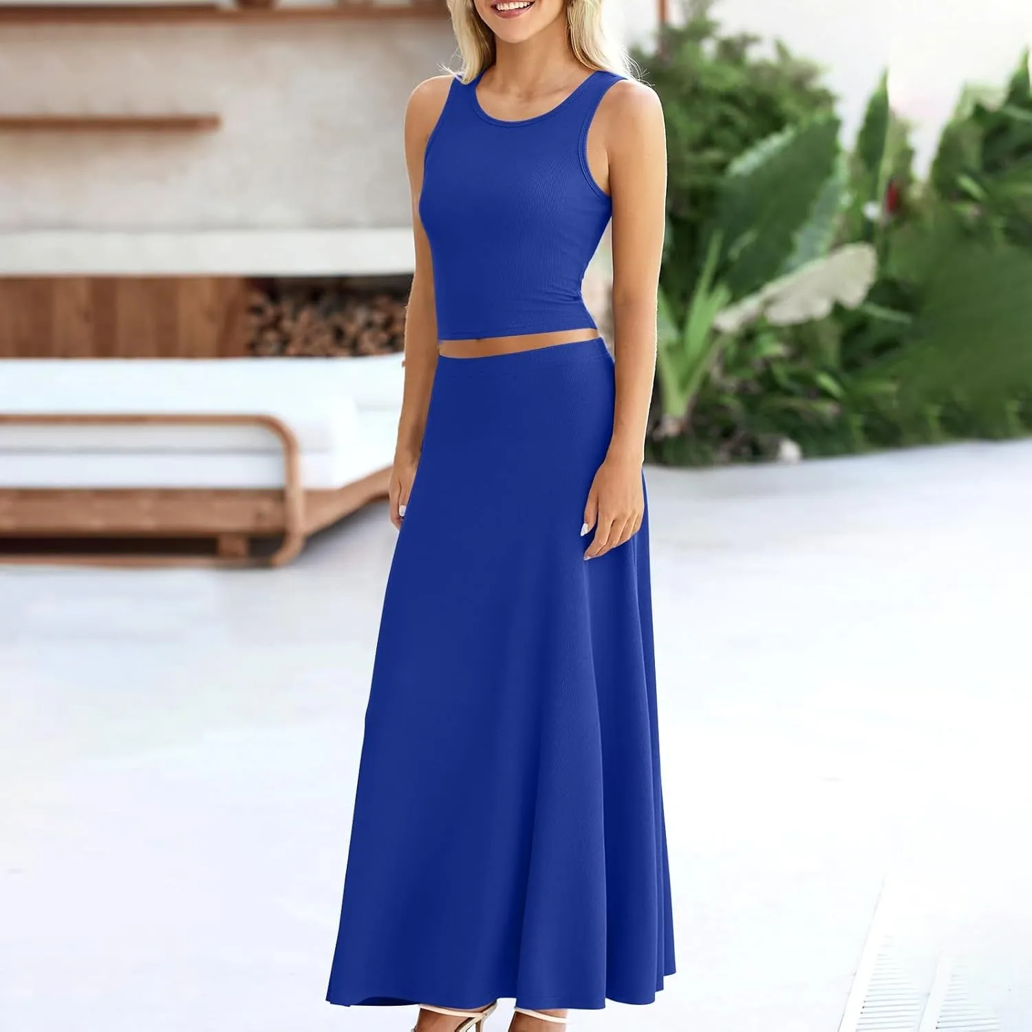 Oplxuo Women 2 Piece Outfits Summer Ribbed Sleeveless Tank Tops High Waist Maxi Skirt Set Solid Color Beach Vacation Outfits