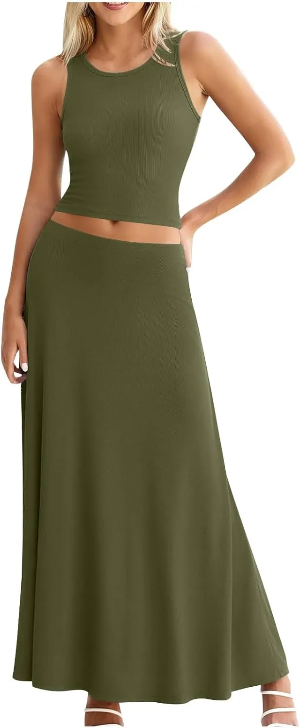 Oplxuo Women 2 Piece Outfits Summer Ribbed Sleeveless Tank Tops High Waist Maxi Skirt Set Solid Color Beach Vacation Outfits