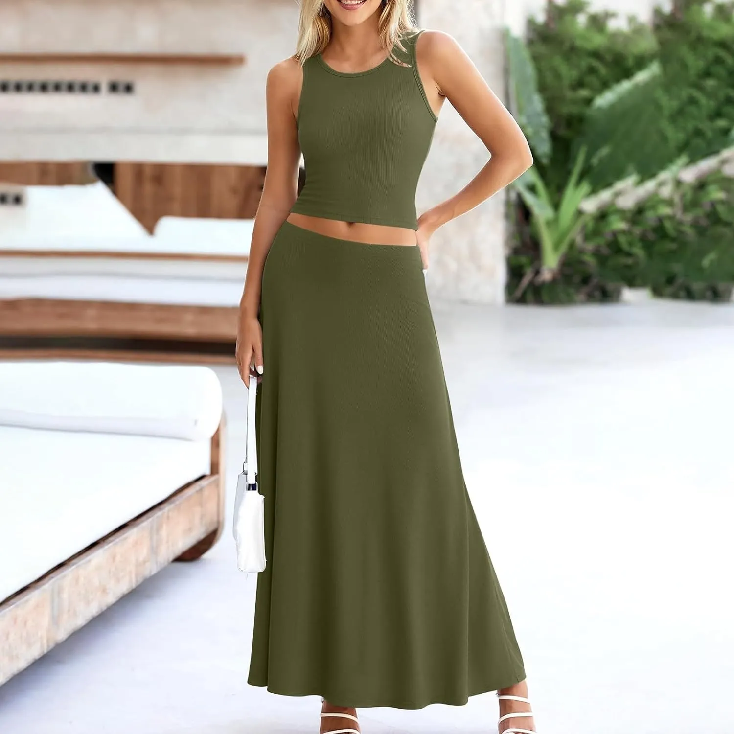Oplxuo Women 2 Piece Outfits Summer Ribbed Sleeveless Tank Tops High Waist Maxi Skirt Set Solid Color Beach Vacation Outfits