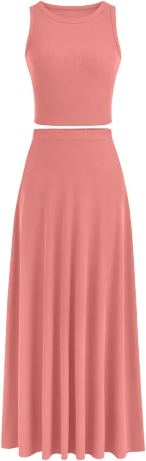 Oplxuo Women 2 Piece Outfits Summer Ribbed Sleeveless Tank Tops High Waist Maxi Skirt Set Solid Color Beach Vacation Outfits