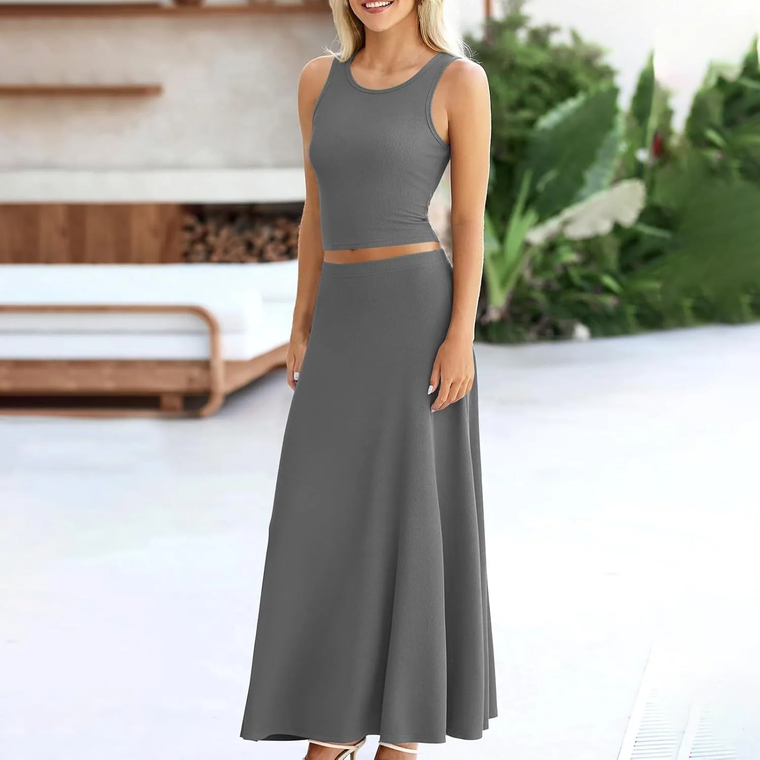 Oplxuo Women 2 Piece Outfits Summer Ribbed Sleeveless Tank Tops High Waist Maxi Skirt Set Solid Color Beach Vacation Outfits