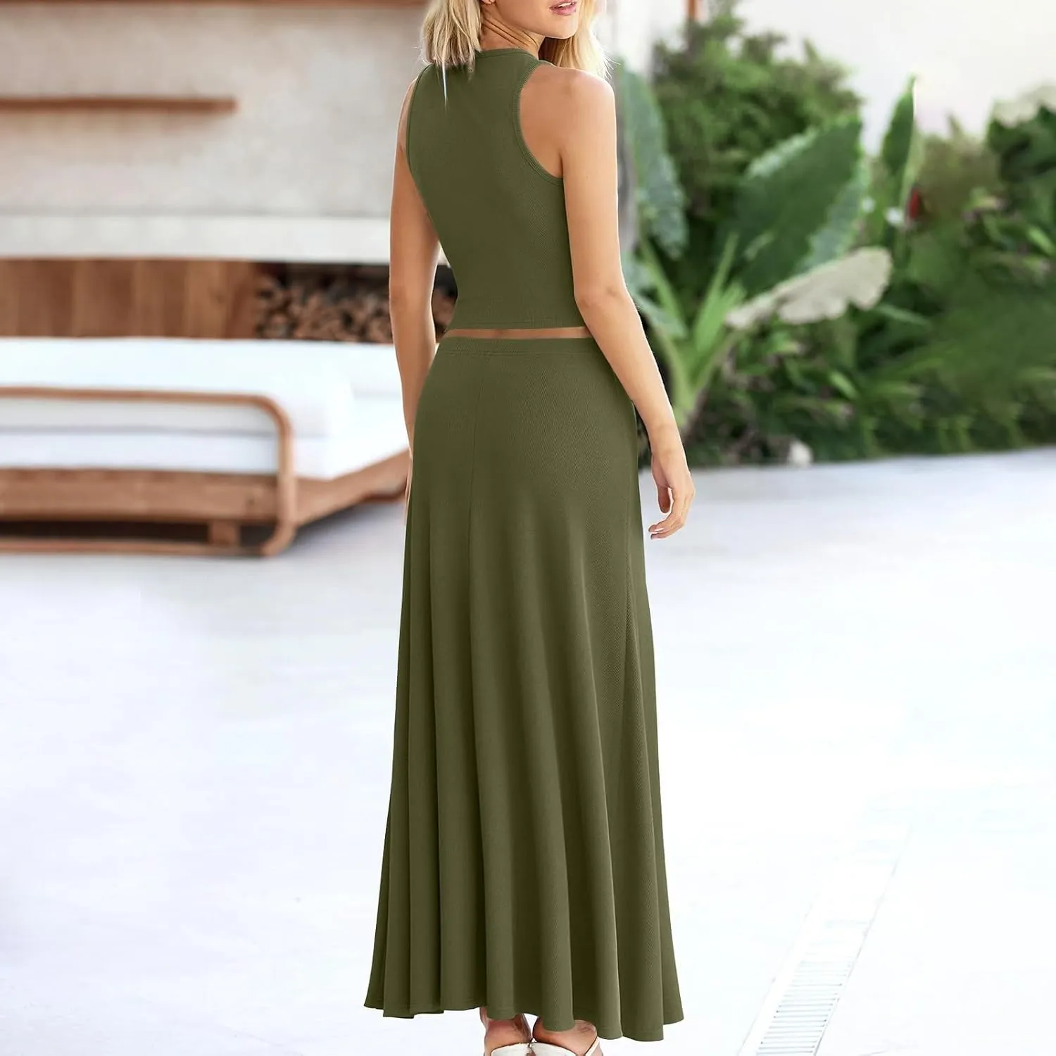 Oplxuo Women 2 Piece Outfits Summer Ribbed Sleeveless Tank Tops High Waist Maxi Skirt Set Solid Color Beach Vacation Outfits