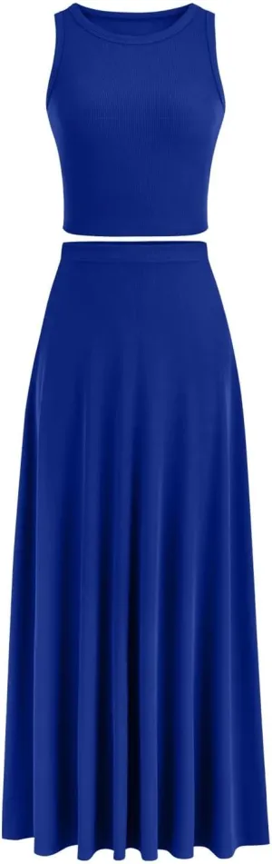 Oplxuo Women 2 Piece Outfits Summer Ribbed Sleeveless Tank Tops High Waist Maxi Skirt Set Solid Color Beach Vacation Outfits